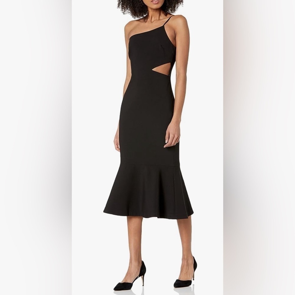 Likely Fina Midi Dress Womens 4 Black One Shoulder Cutout Ruffle YD1515001LYB